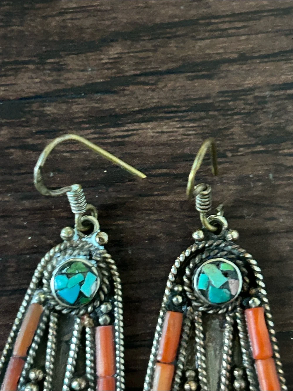 Vintage Turquoise and Coral Dangle Statement Tibethan Earrings